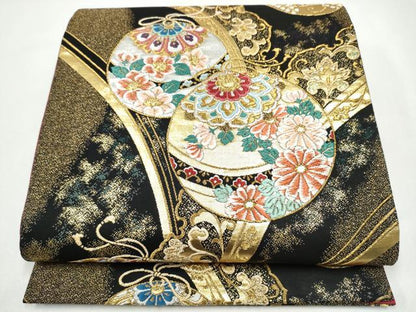平和屋着物●六通柄袋帯　花浪漫　黒地　金銀糸　正絹　逸品　CABJ8497hy
