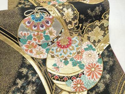 平和屋着物●六通柄袋帯　花浪漫　黒地　金銀糸　正絹　逸品　CABJ8497hy