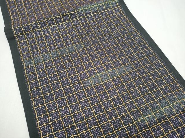平和屋着物●六通柄　京袋帯　格子花文　黒地　CABJ8498hy