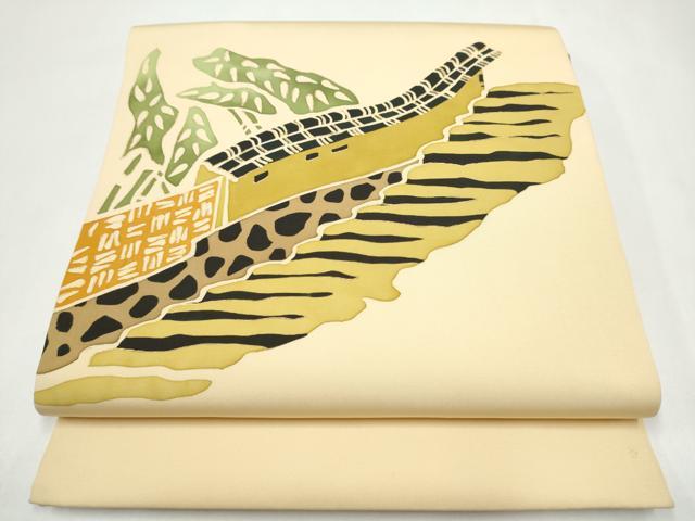 平和屋着物●塩瀬　九寸開き名古屋帯　風景文　金彩　正絹　逸品　CABJ8514hy