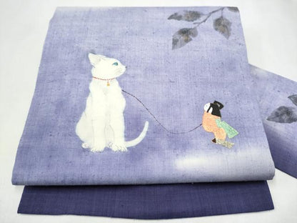 平和屋着物●九寸名古屋帯　手描き　紬地　猫　金彩　正絹　逸品　CABJ8538hy