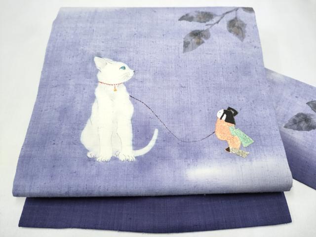 平和屋着物●九寸名古屋帯　手描き　紬地　猫　金彩　正絹　逸品　CABJ8538hy