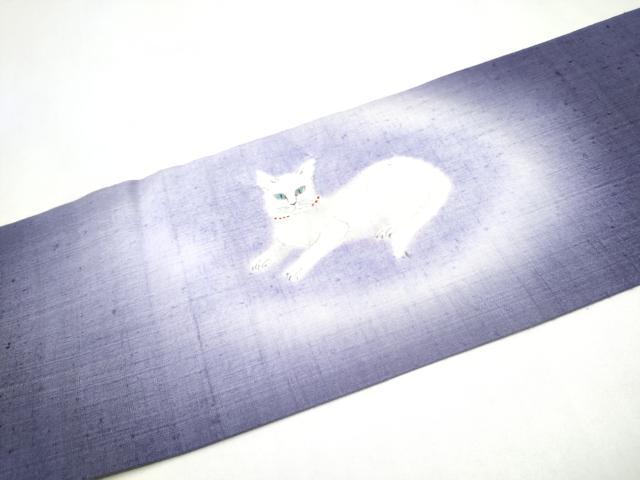 平和屋着物●九寸名古屋帯　手描き　紬地　猫　金彩　正絹　逸品　CABJ8538hy