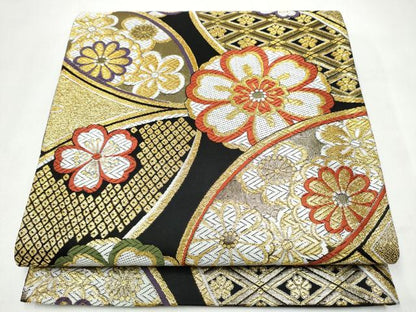 平和屋着物●六通柄袋帯　唐織　舞華文　黒地　金糸　正絹　逸品　CABJ8557hy