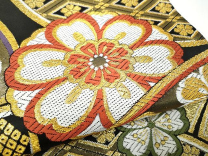 平和屋着物●六通柄袋帯　唐織　舞華文　黒地　金糸　正絹　逸品　CABJ8557hy