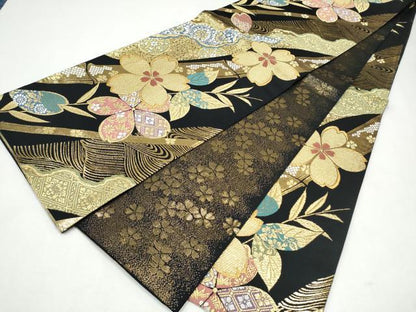 平和屋着物●両面　全通柄袋帯　唐織　草花文　黒地　金糸　正絹　逸品　CABJ8561hy