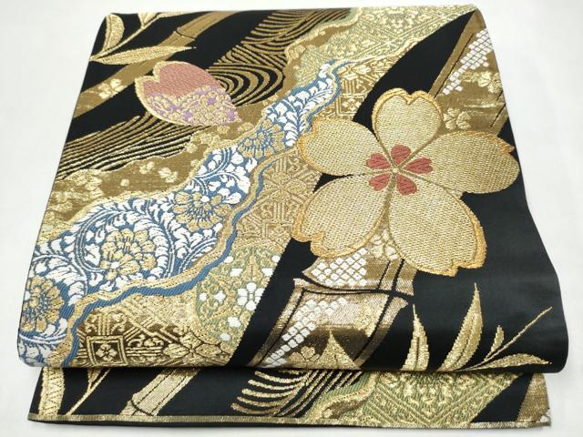 平和屋着物●両面　全通柄袋帯　唐織　草花文　黒地　金糸　正絹　逸品　CABJ8561hy