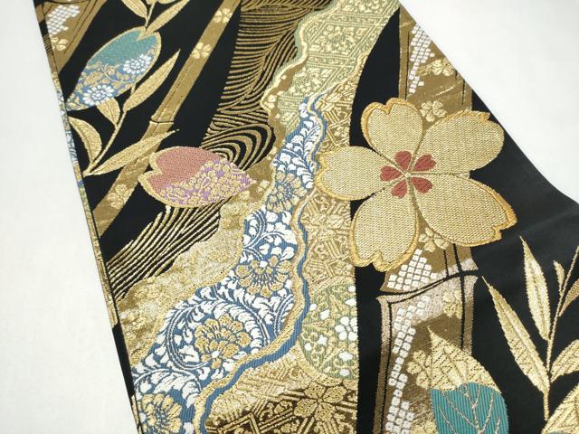 平和屋着物●両面　全通柄袋帯　唐織　草花文　黒地　金糸　正絹　逸品　CABJ8561hy
