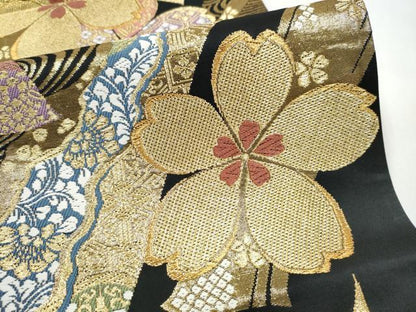平和屋着物●両面　全通柄袋帯　唐織　草花文　黒地　金糸　正絹　逸品　CABJ8561hy