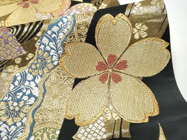 平和屋着物●両面　全通柄袋帯　唐織　草花文　黒地　金糸　正絹　逸品　CABJ8561hy