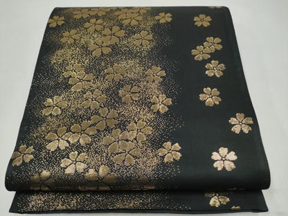 平和屋着物●両面　全通柄袋帯　唐織　草花文　黒地　金糸　正絹　逸品　CABJ8561hy