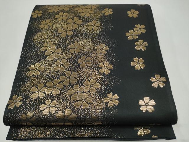 平和屋着物●両面　全通柄袋帯　唐織　草花文　黒地　金糸　正絹　逸品　CABJ8561hy