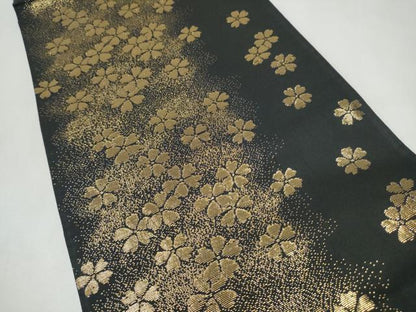 平和屋着物●両面　全通柄袋帯　唐織　草花文　黒地　金糸　正絹　逸品　CABJ8561hy