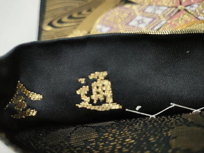 平和屋着物●両面　全通柄袋帯　唐織　草花文　黒地　金糸　正絹　逸品　CABJ8561hy