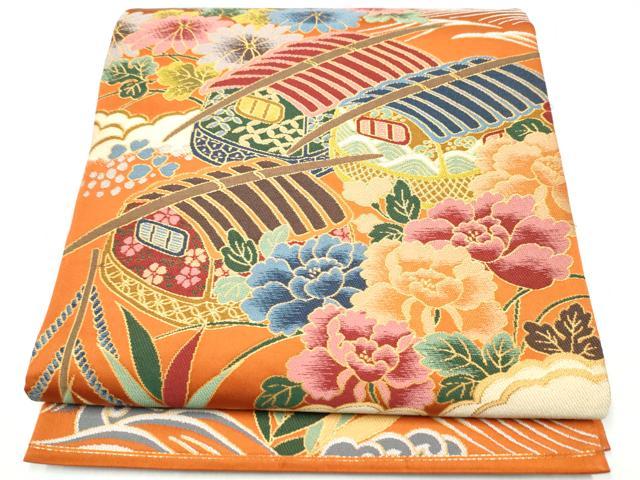 平和屋着物●西陣　白綾苑大庭　六通柄袋帯　流水草花文　金糸　正絹　逸品　CABJ8584hy