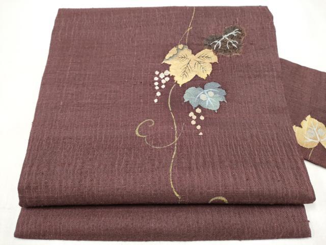 平和屋着物●九寸名古屋帯　紬地　絞り　すくい織　葡萄蔦の葉文　正絹　逸品　CABJ8615hy