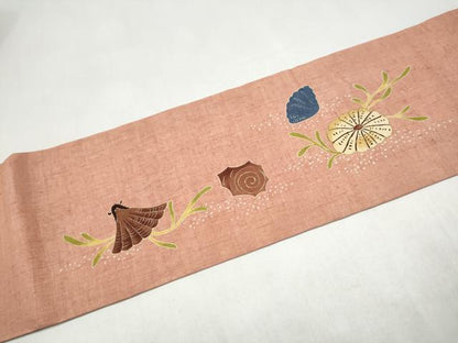 平和屋着物●九寸名古屋帯　紬地　刺繍　貝　舞花文　金彩　正絹　逸品　CABJ8621hy