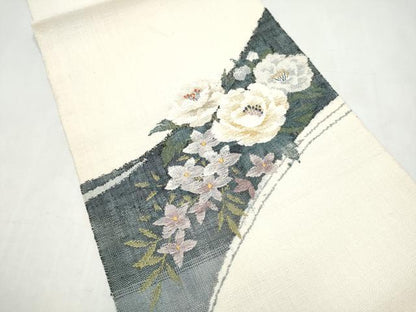 平和屋着物●西陣　老舗　渡文謹製　手織　真綿紬　八寸名古屋帯　草花文　証紙付き　正絹　逸品　CABJ8622hy