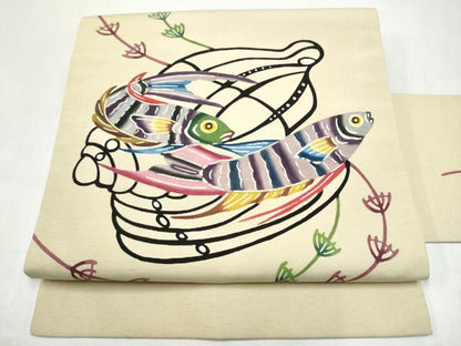 平和屋着物●城間栄順　本場琉球紅型　九寸名古屋帯　魚　正絹　逸品　CABJ8629hy