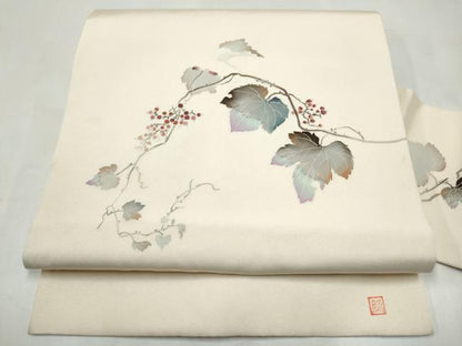 平和屋着物●塩瀬　九寸名古屋帯　友禅　作家物　葡萄蔦の葉文　正絹　逸品　CABJ8631hy