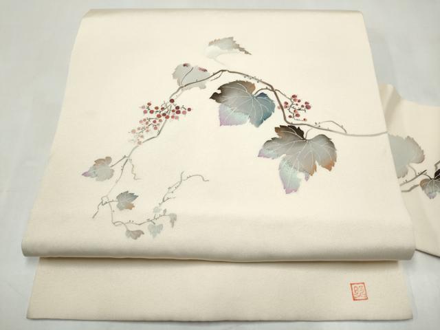 平和屋着物●塩瀬　九寸名古屋帯　友禅　作家物　葡萄蔦の葉文　正絹　逸品　CABJ8631hy
