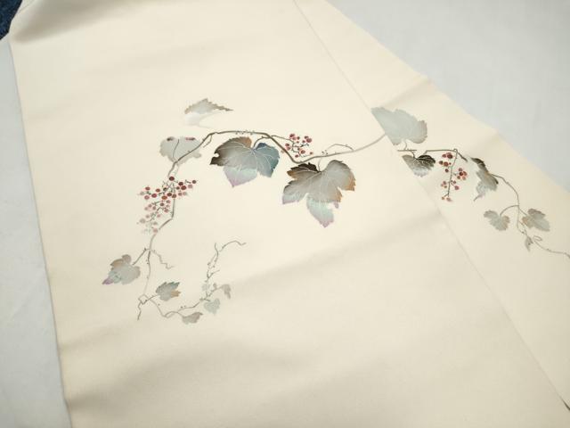 平和屋着物●塩瀬　九寸名古屋帯　友禅　作家物　葡萄蔦の葉文　正絹　逸品　CABJ8631hy
