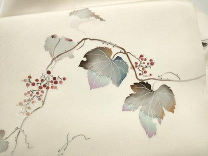 平和屋着物●塩瀬　九寸名古屋帯　友禅　作家物　葡萄蔦の葉文　正絹　逸品　CABJ8631hy