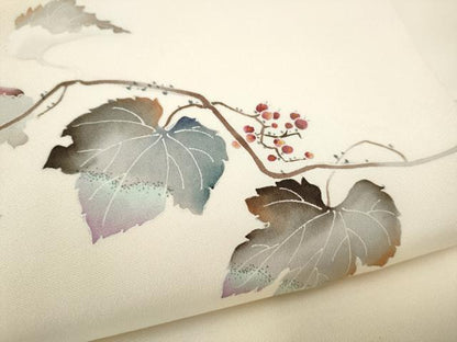 平和屋着物●塩瀬　九寸名古屋帯　友禅　作家物　葡萄蔦の葉文　正絹　逸品　CABJ8631hy