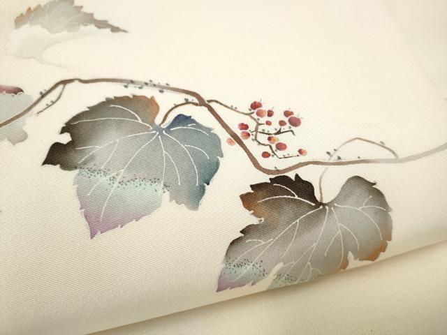 平和屋着物●塩瀬　九寸名古屋帯　友禅　作家物　葡萄蔦の葉文　正絹　逸品　CABJ8631hy
