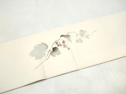 平和屋着物●塩瀬　九寸名古屋帯　友禅　作家物　葡萄蔦の葉文　正絹　逸品　CABJ8631hy