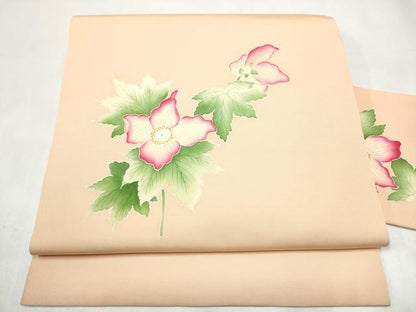 平和屋着物●塩瀬　九寸名古屋帯　手描き　枝花文　正絹　逸品　CABJ8635hy