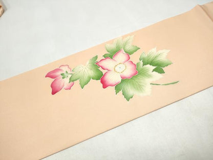 平和屋着物●塩瀬　九寸名古屋帯　手描き　枝花文　正絹　逸品　CABJ8635hy