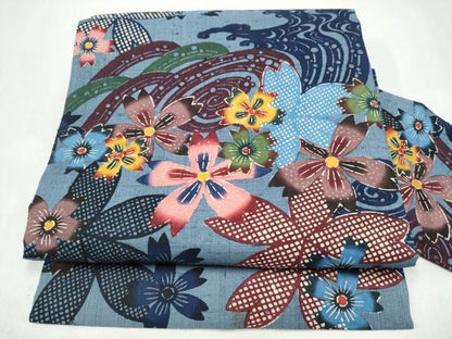 平和屋着物●本場琉球紅型　九寸名古屋帯　紬地　流水舞桜文　正絹　逸品　CABJ8646hy
