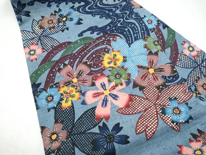 平和屋着物●本場琉球紅型　九寸名古屋帯　紬地　流水舞桜文　正絹　逸品　CABJ8646hy