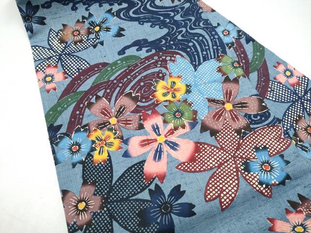 平和屋着物●本場琉球紅型　九寸名古屋帯　紬地　流水舞桜文　正絹　逸品　CABJ8646hy