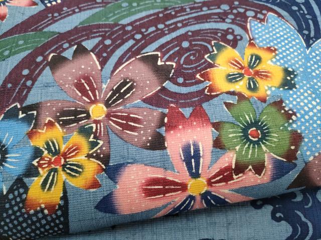 平和屋着物●本場琉球紅型　九寸名古屋帯　紬地　流水舞桜文　正絹　逸品　CABJ8646hy