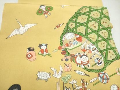 平和屋着物●塩瀬　九寸名古屋帯　手描き　玩具文　金彩　正絹　逸品　CABJ8648hy
