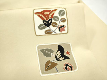 平和屋着物●塩瀬　九寸名古屋帯　駒刺繍　色紙枝花文　金彩　正絹　逸品　CABJ8651hy