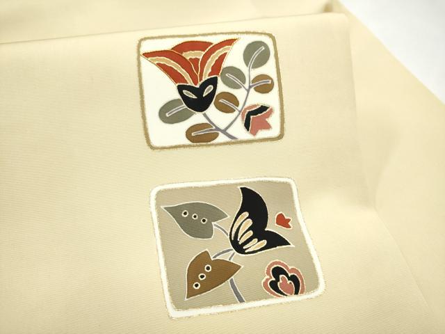 平和屋着物●塩瀬　九寸名古屋帯　駒刺繍　色紙枝花文　金彩　正絹　逸品　CABJ8651hy