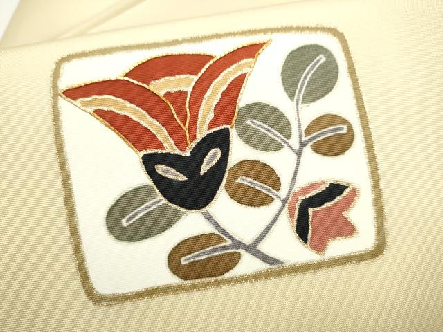 平和屋着物●塩瀬　九寸名古屋帯　駒刺繍　色紙枝花文　金彩　正絹　逸品　CABJ8651hy