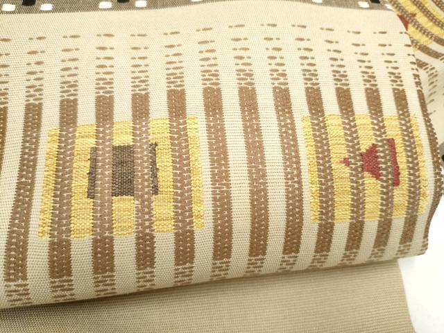 平和屋着物●九寸名古屋帯　花織　幾何学文様　正絹　逸品　CABJ8653hy