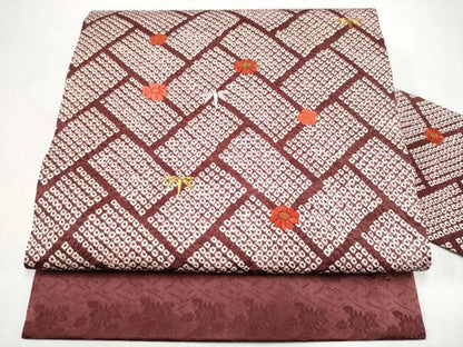 平和屋着物●九寸名古屋帯　絞り　刺繍　檜垣草花文　金糸　正絹　逸品　CABJ8656hy