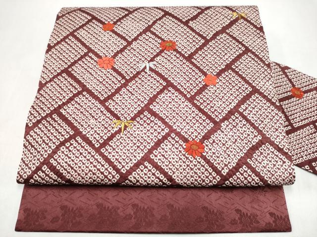 平和屋着物●九寸名古屋帯　絞り　刺繍　檜垣草花文　金糸　正絹　逸品　CABJ8656hy