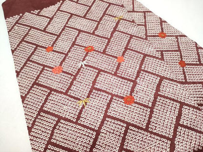 平和屋着物●九寸名古屋帯　絞り　刺繍　檜垣草花文　金糸　正絹　逸品　CABJ8656hy