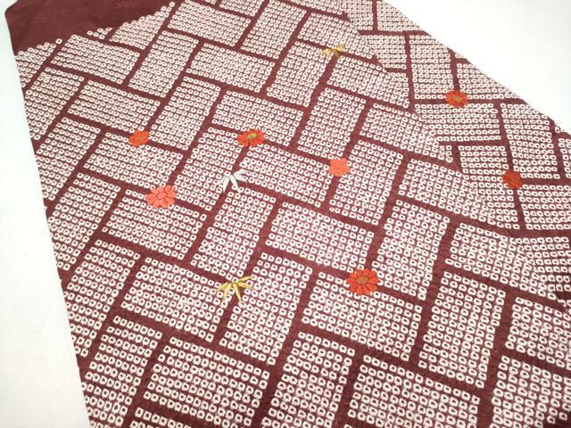 平和屋着物●九寸名古屋帯　絞り　刺繍　檜垣草花文　金糸　正絹　逸品　CABJ8656hy