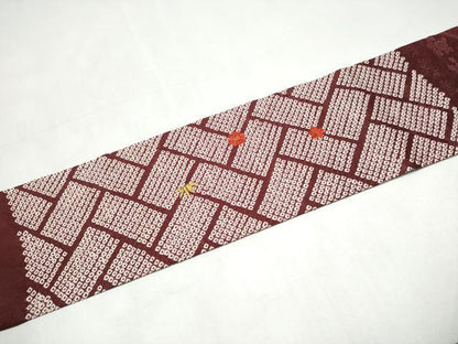 平和屋着物●九寸名古屋帯　絞り　刺繍　檜垣草花文　金糸　正絹　逸品　CABJ8656hy