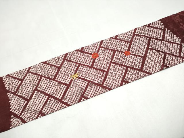 平和屋着物●九寸名古屋帯　絞り　刺繍　檜垣草花文　金糸　正絹　逸品　CABJ8656hy