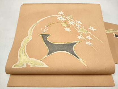 平和屋着物●塩瀬　九寸名古屋帯　駒刺繍　鹿　枝葉文　金彩　正絹　逸品　CABJ8665hy