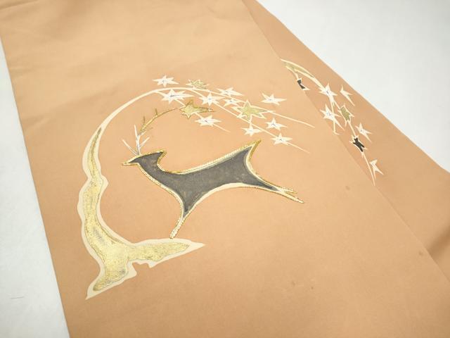 平和屋着物●塩瀬　九寸名古屋帯　駒刺繍　鹿　枝葉文　金彩　正絹　逸品　CABJ8665hy