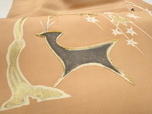 平和屋着物●塩瀬　九寸名古屋帯　駒刺繍　鹿　枝葉文　金彩　正絹　逸品　CABJ8665hy